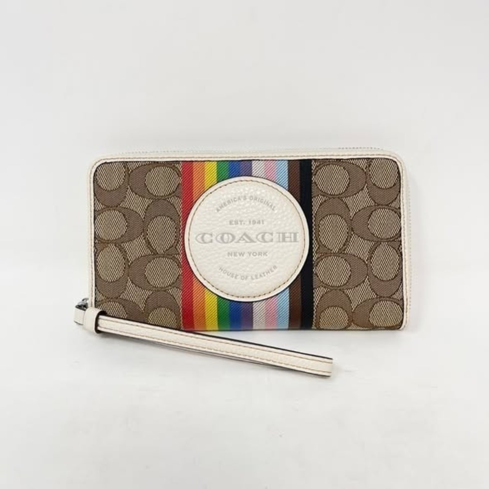 Coach Dempsey Large Phone Wallet Signature Jacquard Rainbow Stripe Logo Patch